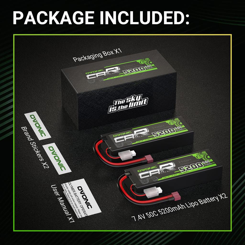 OVONIC 7.4V LiPo 5200mAh 2S 50C Lithium Polymer Battery with Deans T Connector for Various RC Cars, CE, MSDS, UN38.3, RoHS, ISO9001, ISO14001 (Set of