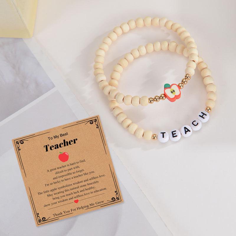 Graduation Season Teacher Appreciation Bracelet with Natural Wood Beads and Apple Charm
