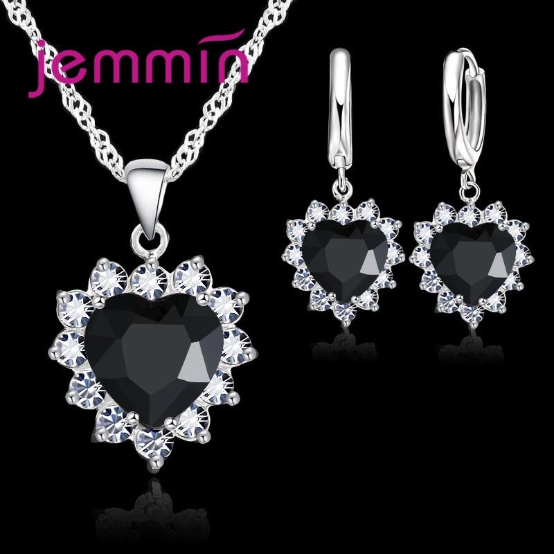 Top Sale Wding Engagement Anniversary Gift Zircon Sets 925 Copper Color Stamped Heart Pendant Hoop Earrings for Women Girls