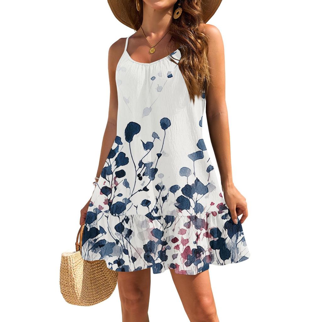 Women's Dresses Sleeveless Loose Casual Floral Print Hem Pleated Beach Dresses