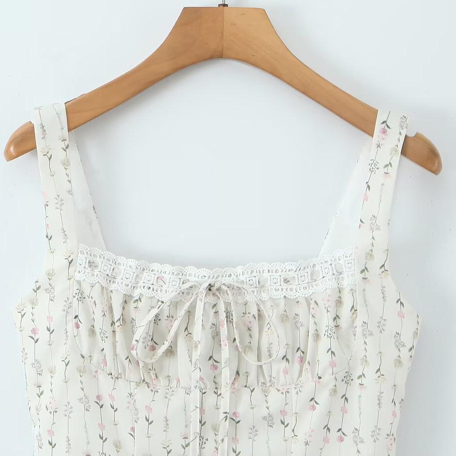 Hepburn Floral Lace-Trimmed Spaghetti Strap A-Line Dress Women's Slim-Fit Summer Short Skirt