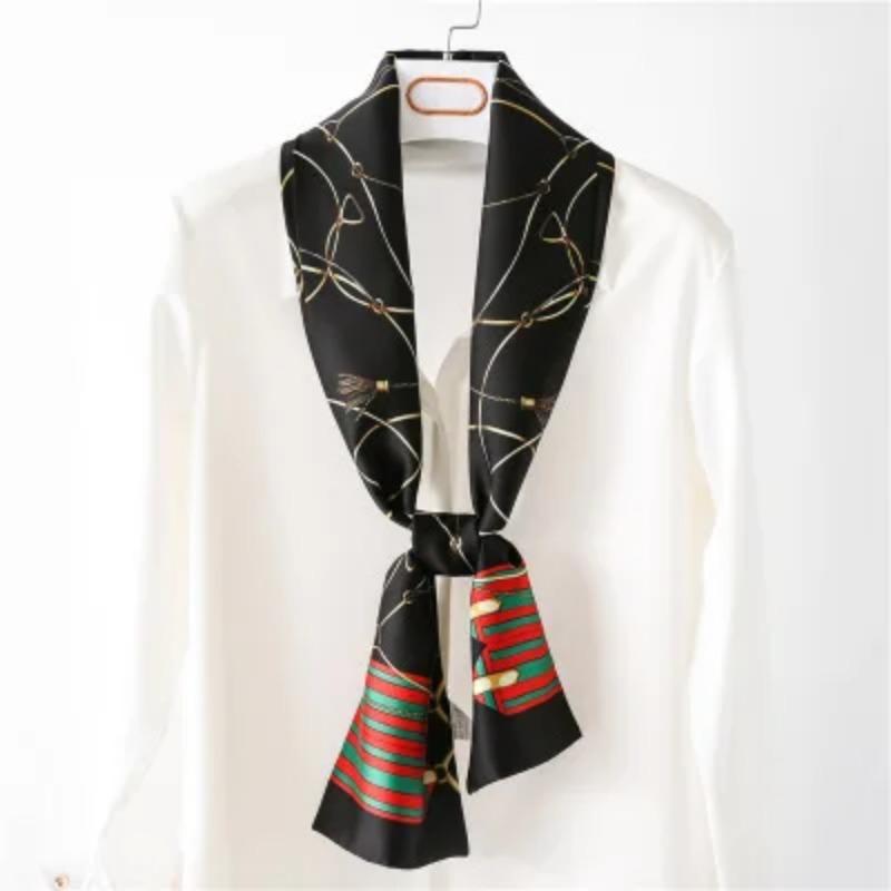 Hijab Real Long Silk Women Print Elegant Neck Scarves Hair Head Ribbon Tie Bag Handle Decoration Foulard Collar Kerchief