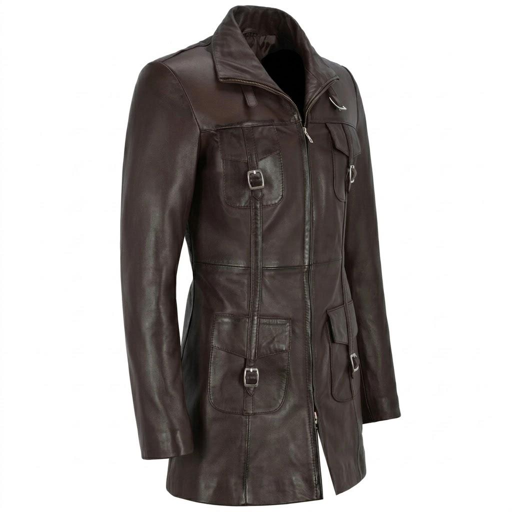 Genuine Real Lambskin Leather Dark Brown Handmade Trench Coat Women Stylish Fit