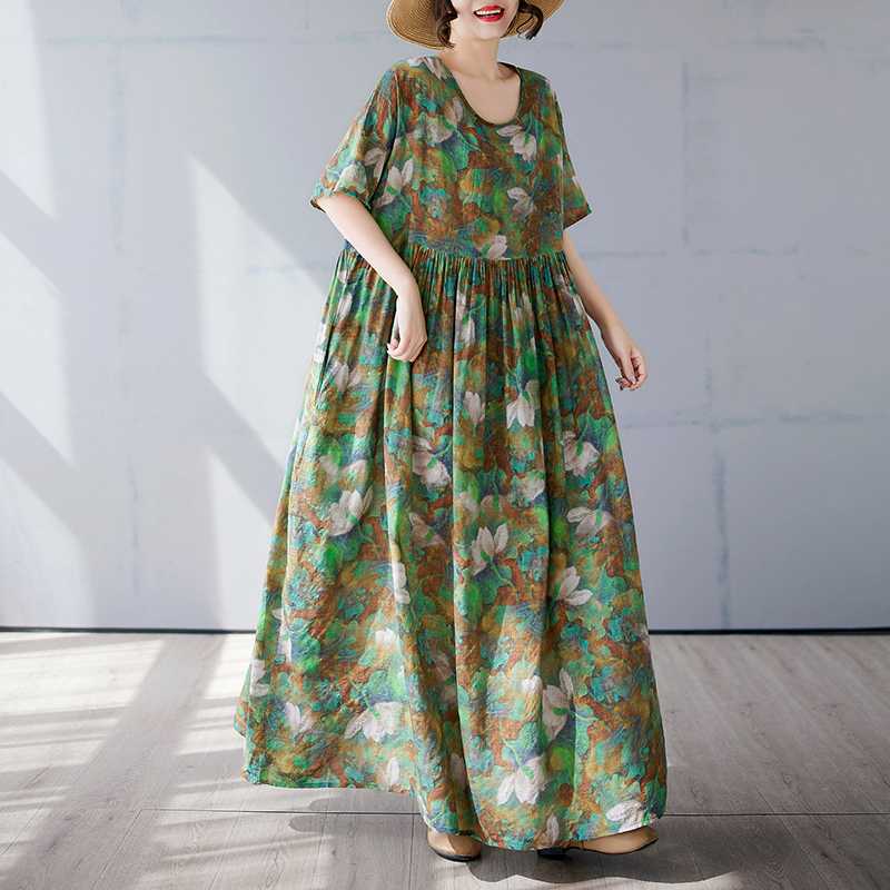 Fashionable Long Skirt Summer Short Sleeved Round Neck Printed Dress