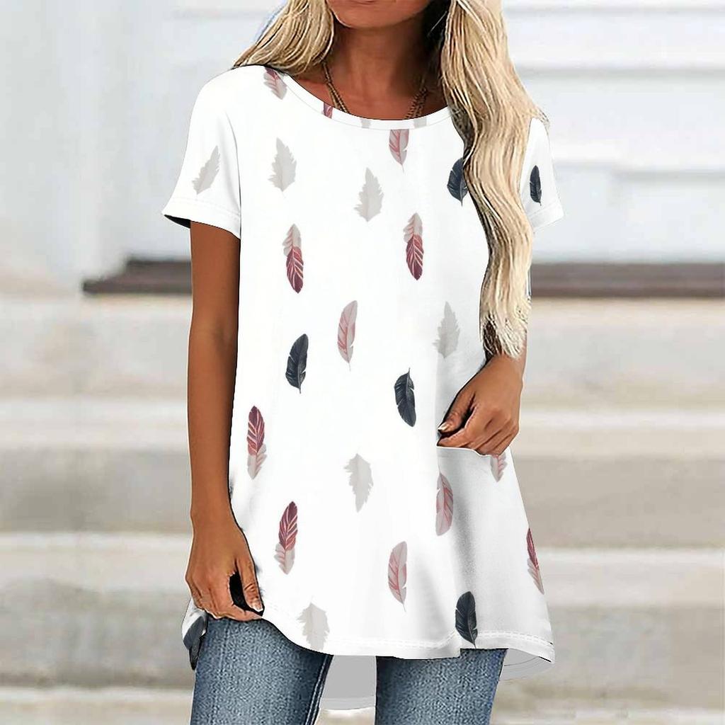 Túnicas Casuales Informales para Mujer con Estampado, Cuello Redondo, Dobladillo Irregular y Manga Corta