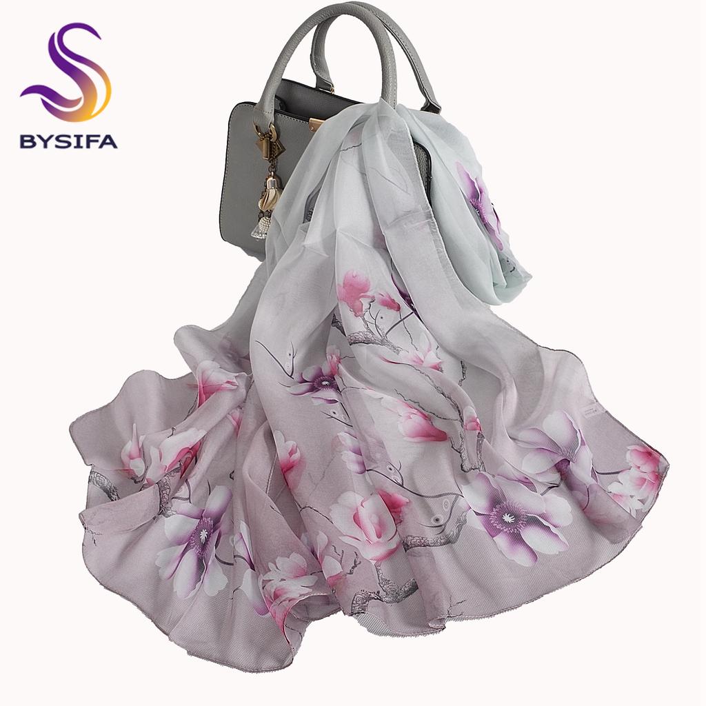 [BYSIFA] Women Chiffon Pure Silk Scarf Cherry Blossom Floral Design Long 100% Silk Shawl Scarf Purple Pink Silk Scarves Echarpes