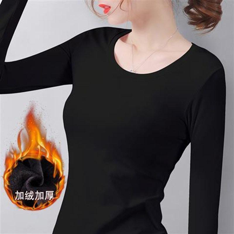 

women s Solid Color Fleece Lined Round Neck Long Sleeve T-Shirt Slim Fit Thermal Inner Wear Casual Basic Top M чёрный
