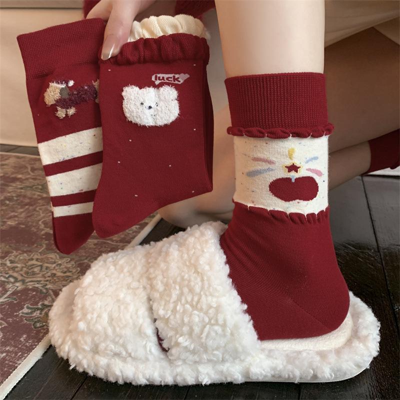 Super Cute Red Socks for Women In Autumn and Winter, Pure Cotton Mid-calf Socks, Cartoon Polka Dot Puppy Dui Dui Socks
