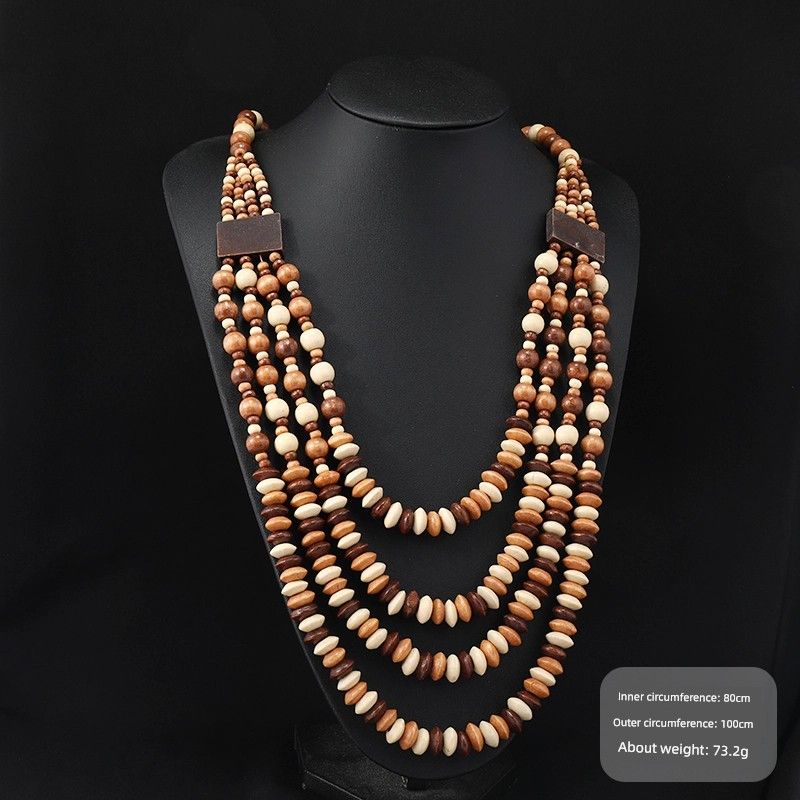 Retro Ethnic Style Wooden Necklace Fashion Style Bohemia Long Stylish Multi-Layer Sweater Chain Performance Accessories Women