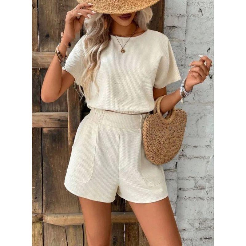 Solid Color Round Neck Top and Shortset Pure Color Crew Neck Tops Shorts Suit