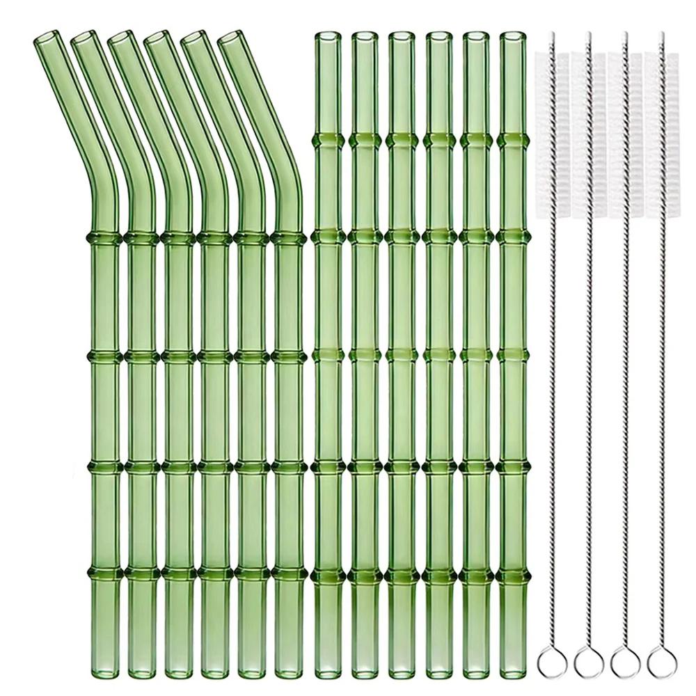 12pcs Reusable Glass Straw with Brush Bag Bamboo-shaped Straws Set Suitable for Milkshakes Juices Coffee Bar Accessories