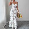 Summer New V-neck Slim-fitting and Thin Floral Long Skirt Printed Fairy Suspender Dress