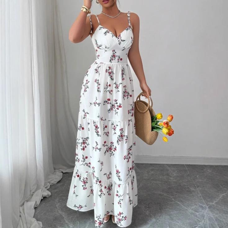 Summer New V-neck Slim-fitting and Thin Floral Long Skirt Printed Fairy Suspender Dress