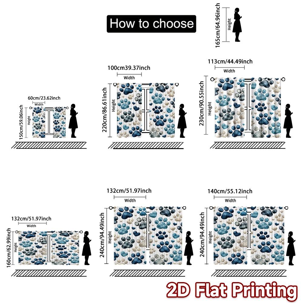 2D FLAT PRINTING 2pcs Curtains (Without Rod) Paw Prints and Hearts Print Modern Curtains Fabric Curtains Room Decor Ldeal for