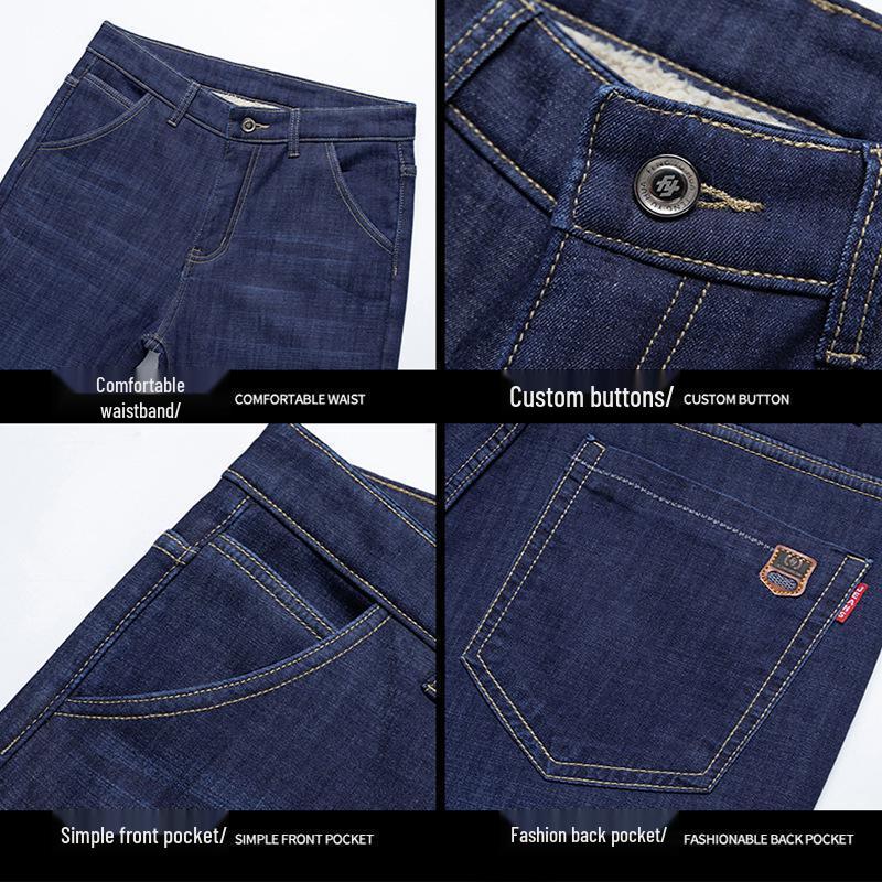 Men's Thick Velvet-Lined Stretch Denim Jeans, Loose Fit, Straight Leg, 2023 New Style, Autumn/Winter Warmth.