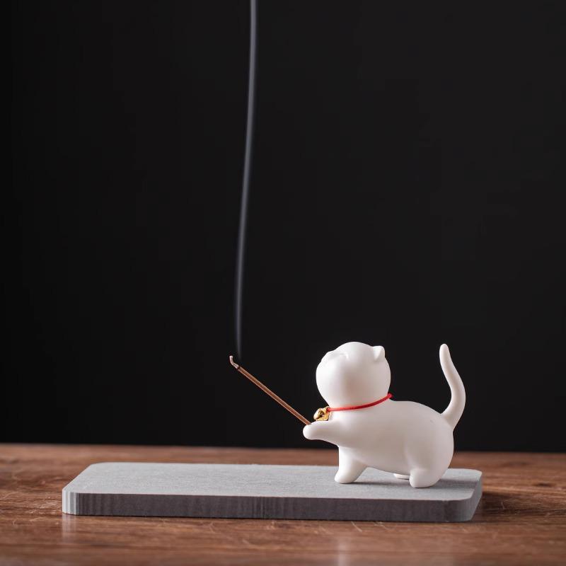 Ceramic Cat Incense Holder - Cute Aroma Burner for Home and Office