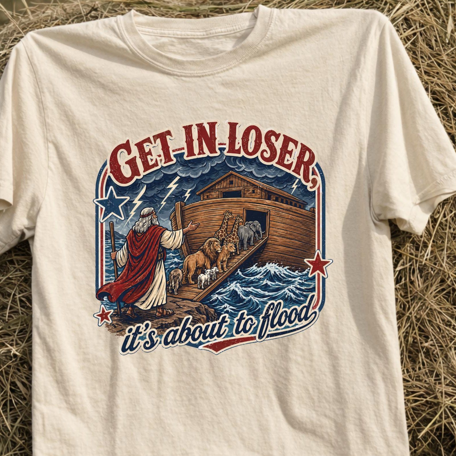 Get In Loser It’s About To Flood Shirt, Funny Noah’s Ark Shirt, Biblical Humor Tee, Christian Funny Shirt, Vintage Retro Animal Ark Tee. S