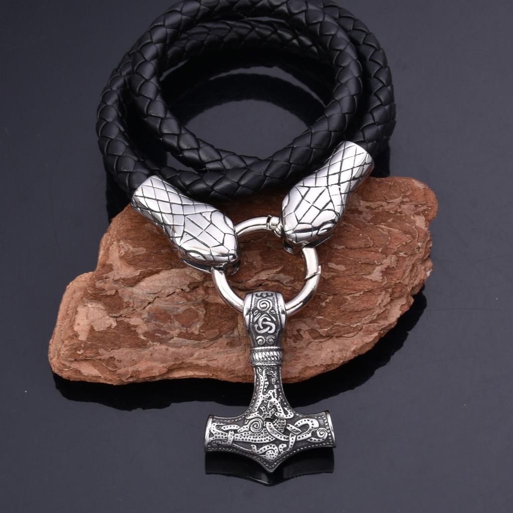 Explosive Nordic Viking Stainless Steel Snake Head Thor 'S Hammer Pendant Necklace Men 'S Jewelry 