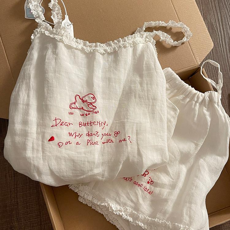 Japanese Small Fresh and Sweet Lace Suspender Pajamas Women's Summer 1011 New Simple Style White Casual Suit Tide