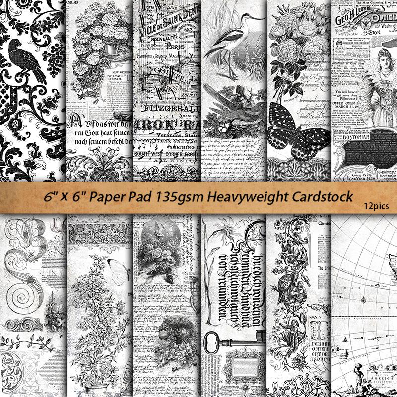 Vintage Black & White Newspaper Print Paper - 12 Sheets, European & American Style, English Pattern Decor.