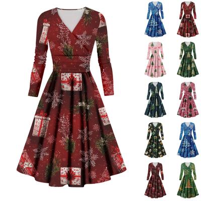 Ladies' Casual And Fashionable Christmas Tree Print Long Sleeved V-neck Sexy Pocket Dress