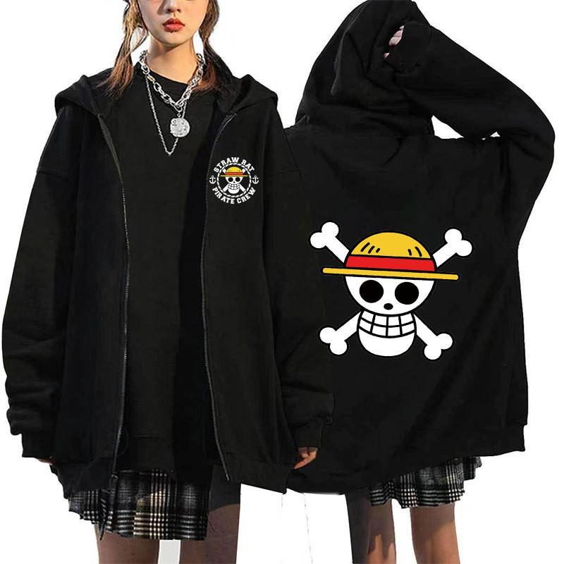 Mens Oversized Hooded Zip-Up Sweatshirt With One Piece Anime Print Plus Size Fleece-Lined Casual Jacket Fall