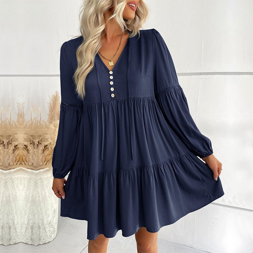 Women's Fashionable Solid Color Long Sleeved V-neck Pleated Casual Loose Dress