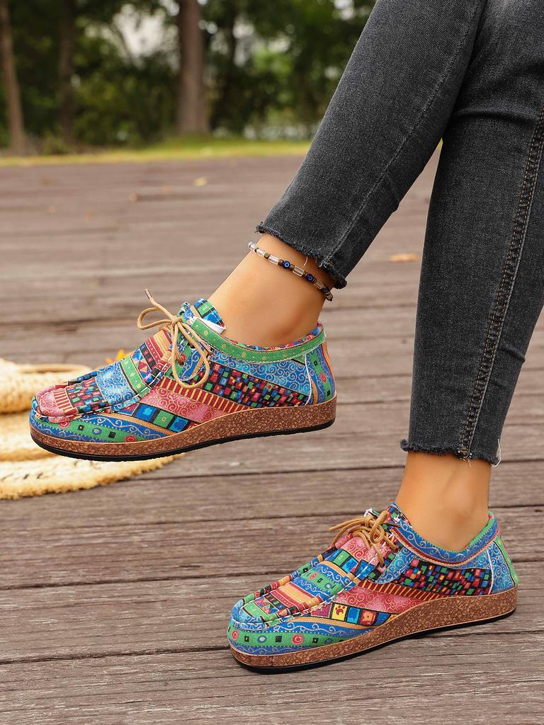 Plus-size Ethnic Style Casual Single Shoes Women's Colorful Lace-up Graffiti Low-top Wood Grain Platform Shoes