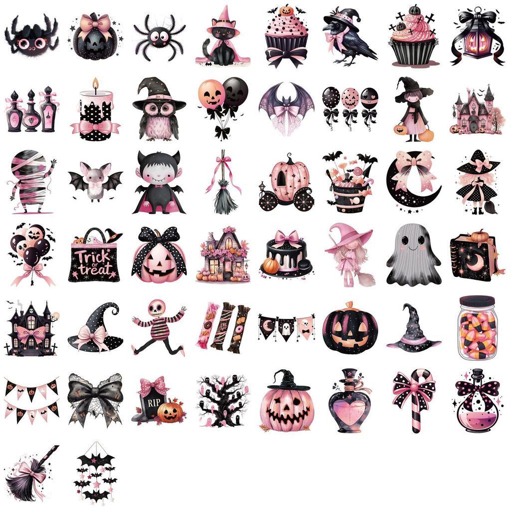 50pcs Black Pink Halloween Graffiti Cartoon Stickers for Guitar, Notebook, Luggage, DIY, Waterproof Decoration.
