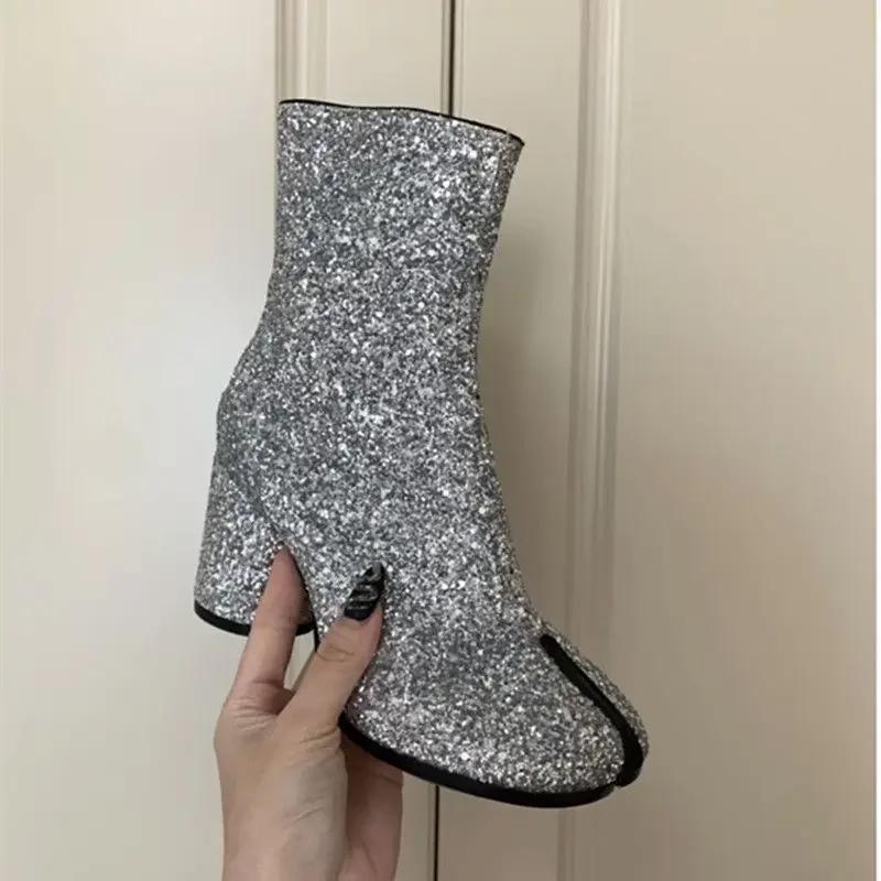 Brand Design Tabi Boots Split Toe Chunky High Heel Women Boots Leather Fashion Autumn Women Shoes Botas