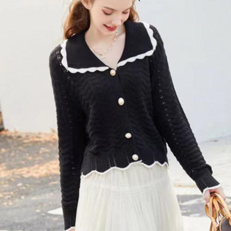 Doll collar knitted cardigan women's spring clothing new hollow thin sweater jacket thin top