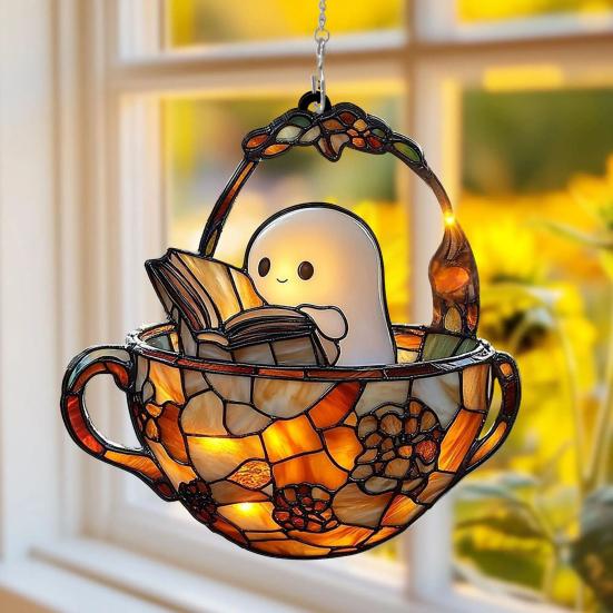 Halloween Reading Ghost Suncatcher Decoration Hanging Chair Cartoon Ghost Stained Glass 2D Flat Acrylic Wall Window Hanging Sign Ornament