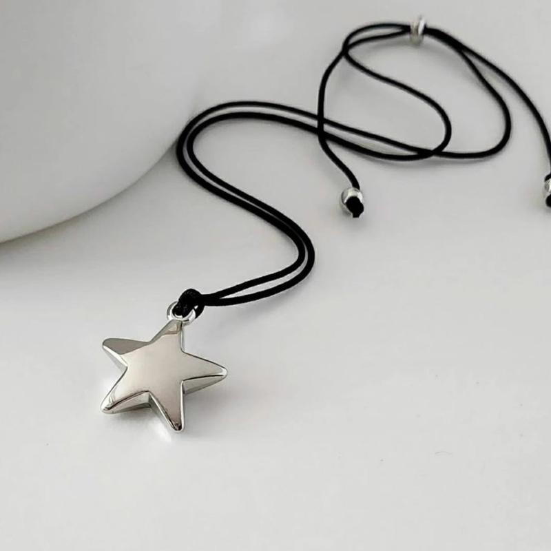 Star Pendant Collar Necklace Adjustable Black Rope Choker Necklace Jewelry