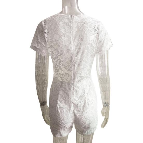 Women Jumpsuit Solid Color Hidden Zipper Slim Fit See-through Lace Summer Romper Party Clothes