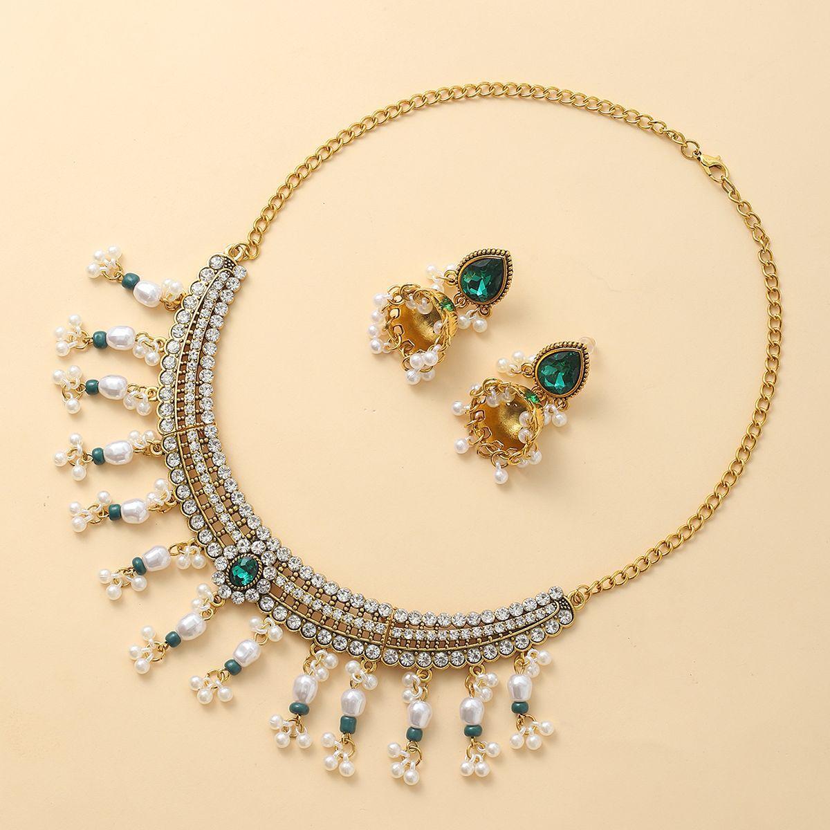 

Жемчужная кисточка, капающие бусины, преувеличенное ожерелье, серьги, женский волнистый модный ретро-комплект ювелирных изделий, женский зелёный