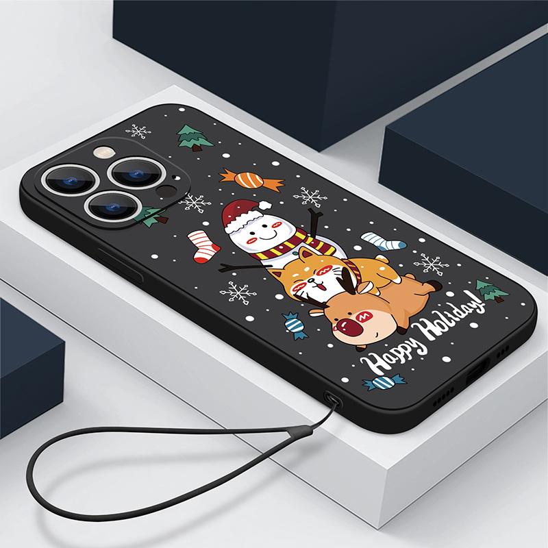 

Мягкий силиконовый чехол для телефона Santa Claus Elk для iPhone 16 15 Pro Max 14 Pro 13 12 11, противоударный чехол из ТПУ с рождественской тематикой и веревкой iPhone 14 прохладный черный