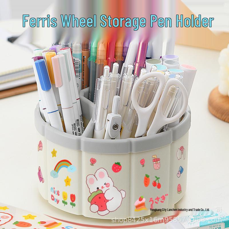 Ferris Wheel Multi-Grid Rotating Pen Holder and Makeup Brush Organizer Blue