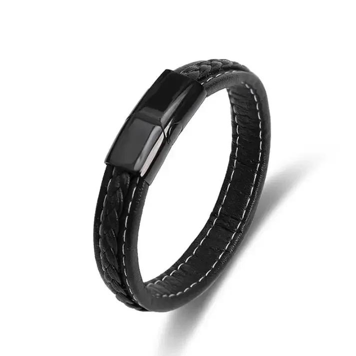 Vintage Handwoven Black Leather Bracelet with High Quality Metal Buckle Suitable for Men\'s Personalized Charm Wristband Jewelry