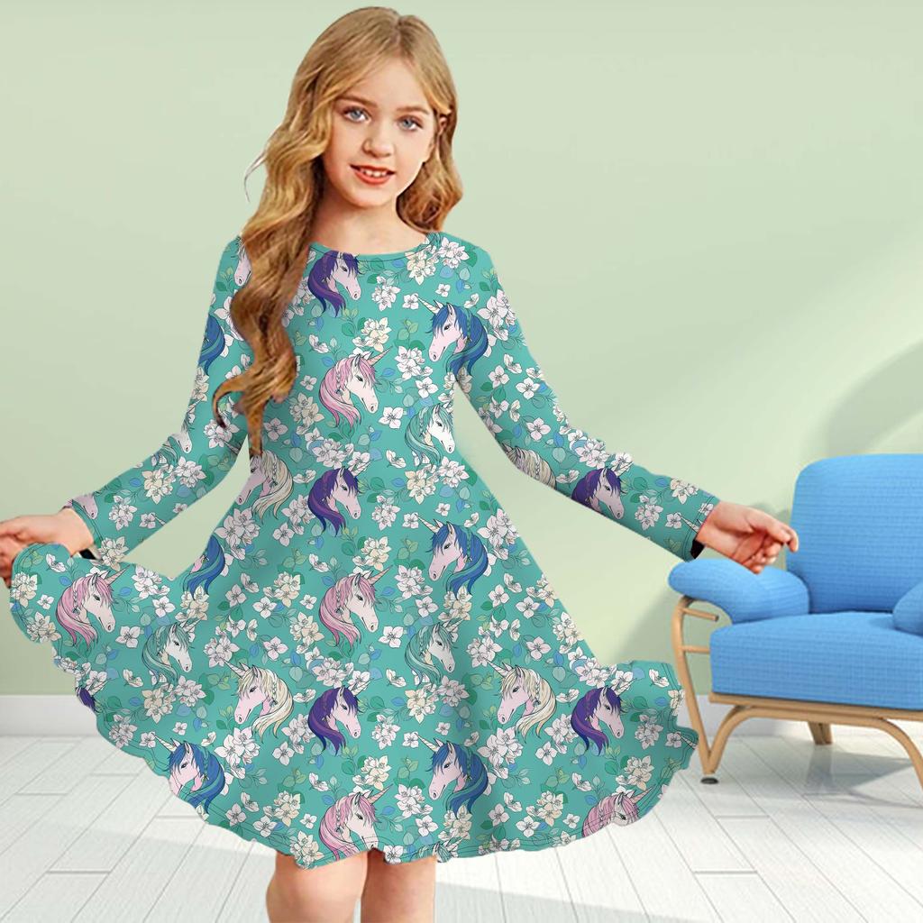 Girl Casual 3D Print Flower Unicorn Round Neck Long Sleeve Dress Kid Princess Dress