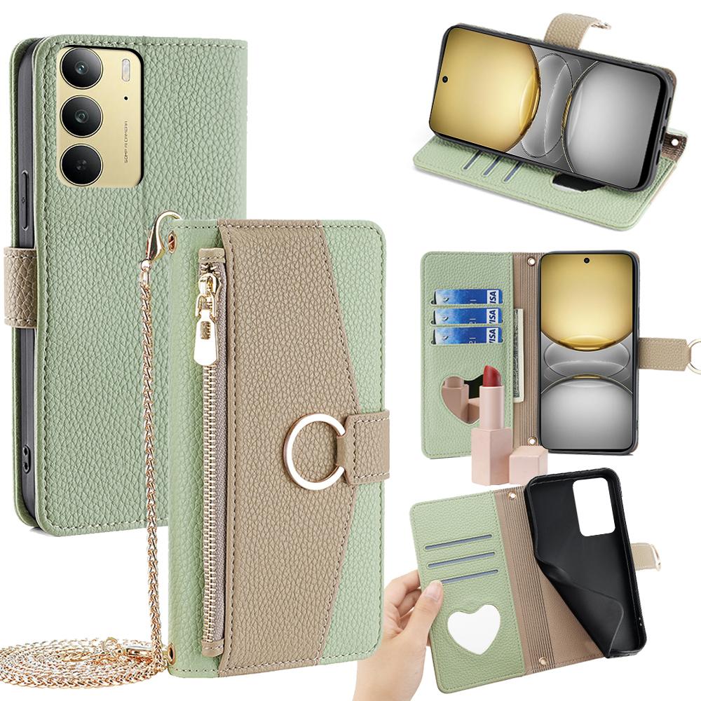 For Realme C75/14x 5G Case Mirror Wallet Leather Phone Cover with Chain Shoulder Strap