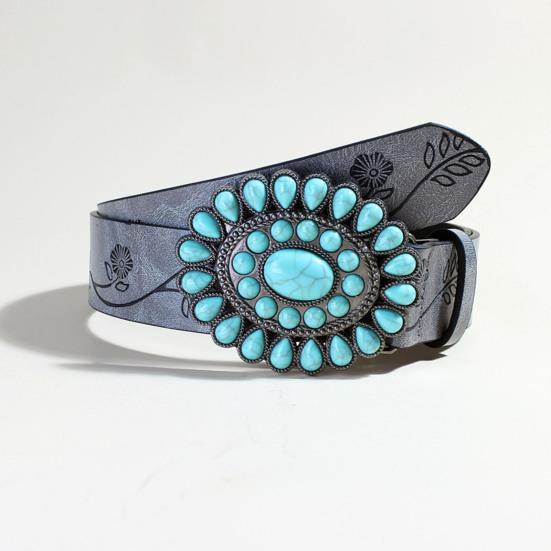 Boho Belt Rose Flower Carved Pattern Faux Turquoise Decor Vintage Western Belt Snap Button Imitation Leather Waistband