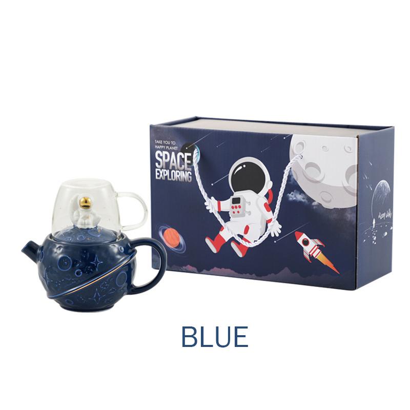 

Милый чайник-астронавт с крышкой-космонавтом, стеклянная чашка для чая, кружка для кофе, фарфоровый чайник с изображением планеты, подарочная коробка для одного набора чая Two-piece Set синий