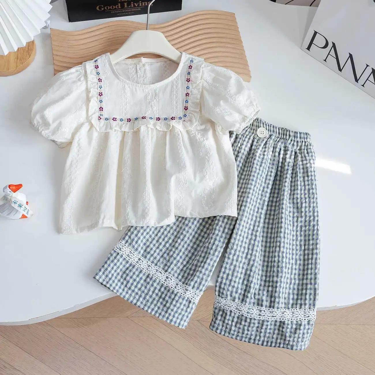 Girls Summer Mori Embroidered Blouse And Plaid Wide Leg Pants 2 Piece Set 90