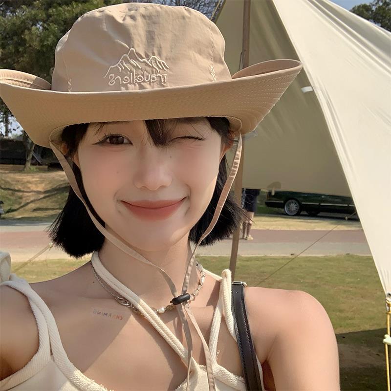 

Шикарная ковбойская повседневная шляпа, идеально подходящая для активного отдыха, вышитая и дышащая шляпа от солнца с широкими полями хаки