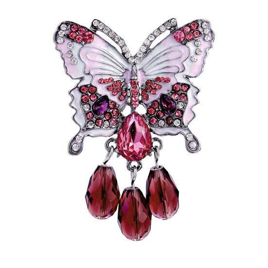 Women Brooch Butterfly Tassel Pin with Multi-Color Rhinestones Inlay