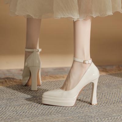 Show Long Legs, Beautiful Thick Heels, High Heels, Not Tired Feet, Satin Surface One-word Buckle Waterproof Table, Retro Mary Jane Women's Shoes