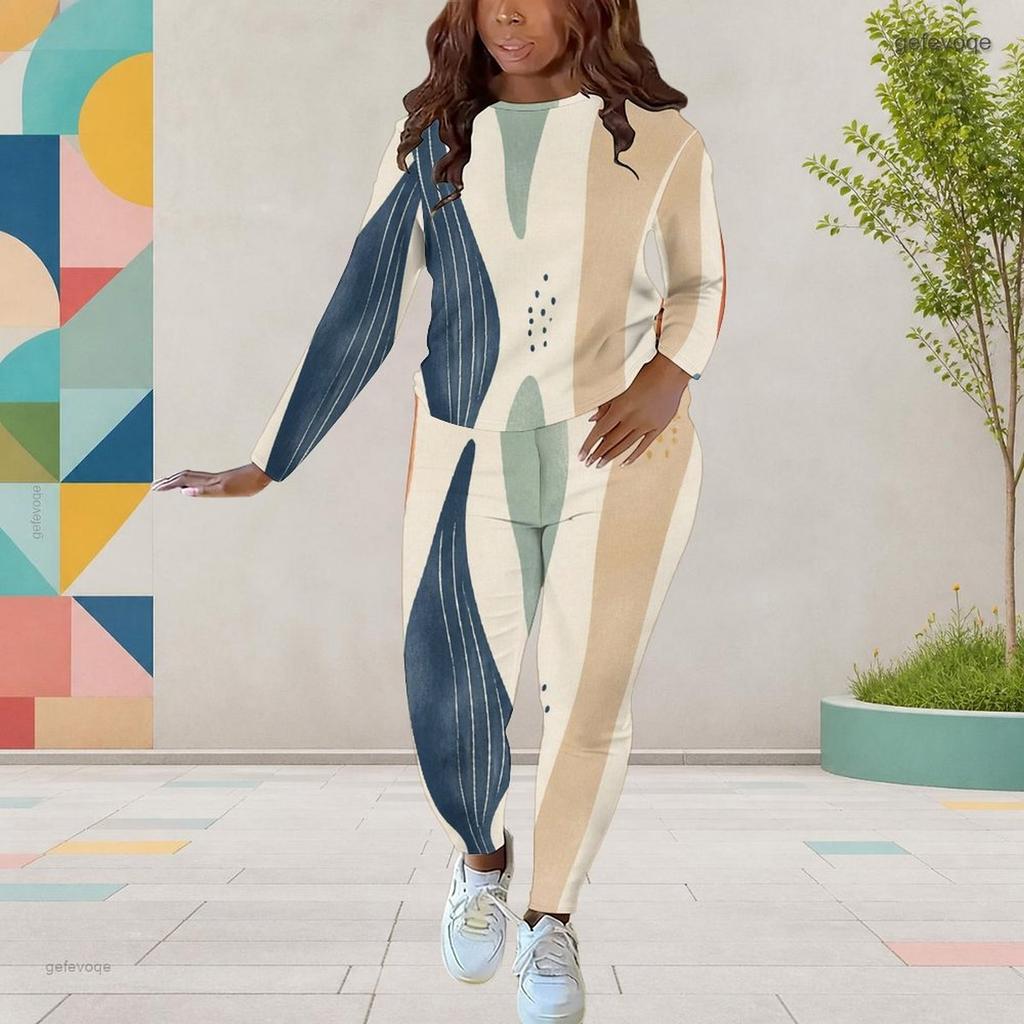 Women Plus Size Abstract Printed Round Neck Long Sleeve Top Fitted Pants Two Piece Set