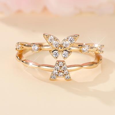 Double Layer Zircon Butterfly 26 Letters Open Rings for Women Gold Color Adjustable Ring Finger Jewelry Wedding Gift