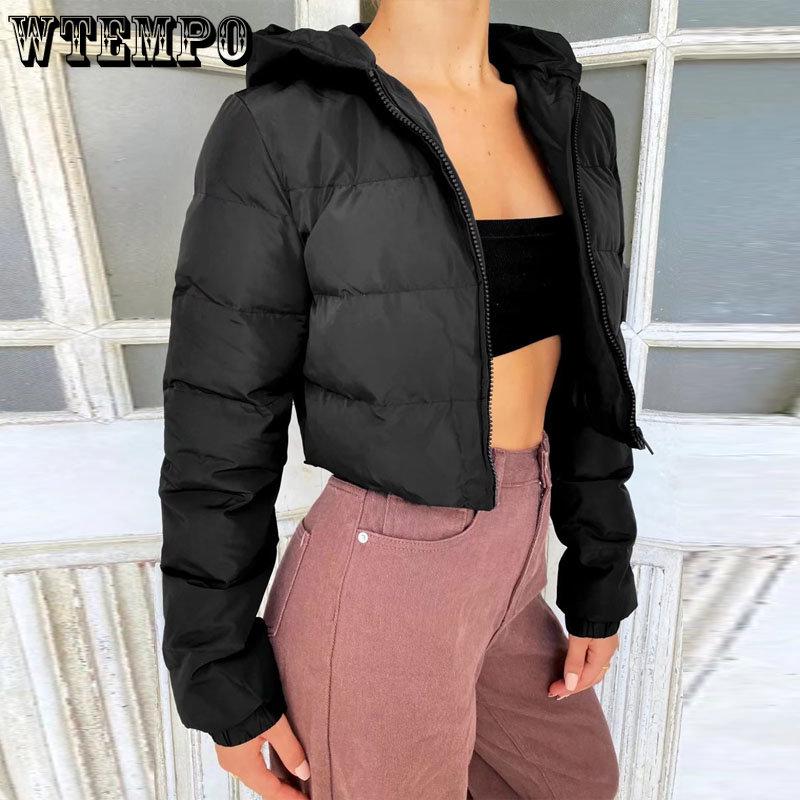 Giacche imbottite in cotone con cappuccio da donna Autunno Inverno Cappotto corto marrone nero Donna Solido Casual caldo con cerniera Parka Streetwear