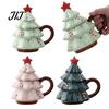 Christmas Tree Coffee Mug with Star Lid, 340ml Festive Holiday Cup for Hot Themed Beverage Drinkware Cocoa And Milk, Retro Curved Handle Microwave